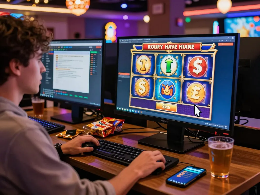 Experience the excitement of slot gacor hari ini in a vibrant online casino setup with a player immersed in colorful games and engaging atmosphere.