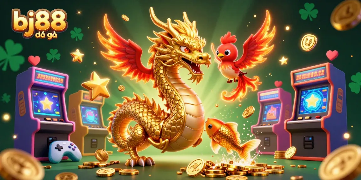 Experience the thrill of bj88 đá gà where a golden dragon interacts dynamically with a red phoenix in a vibrant casino scene.