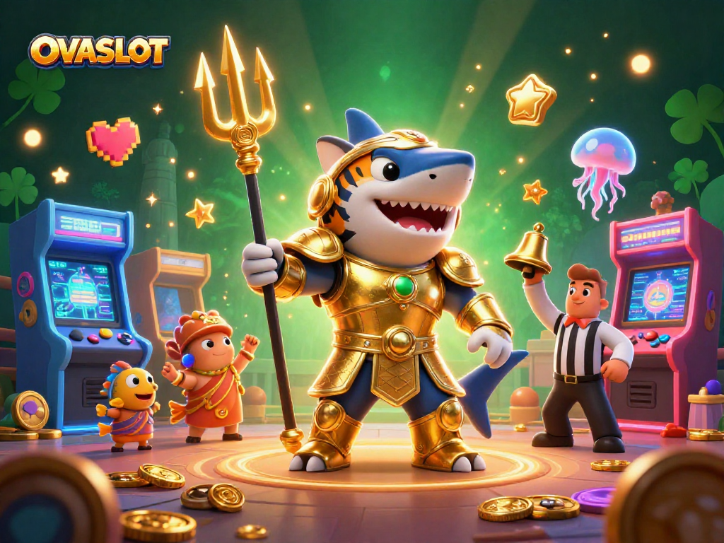 Engage in thrilling gameplay at OVASLOT, featuring a ferocious tiger shark and a vibrant underwater scene.