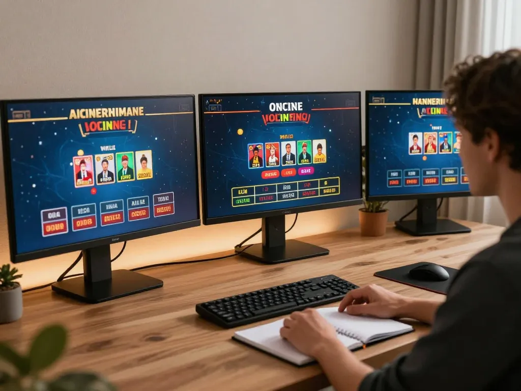 Engaging player strategizing on king33 online casino with multiple screens and warm ambient lighting