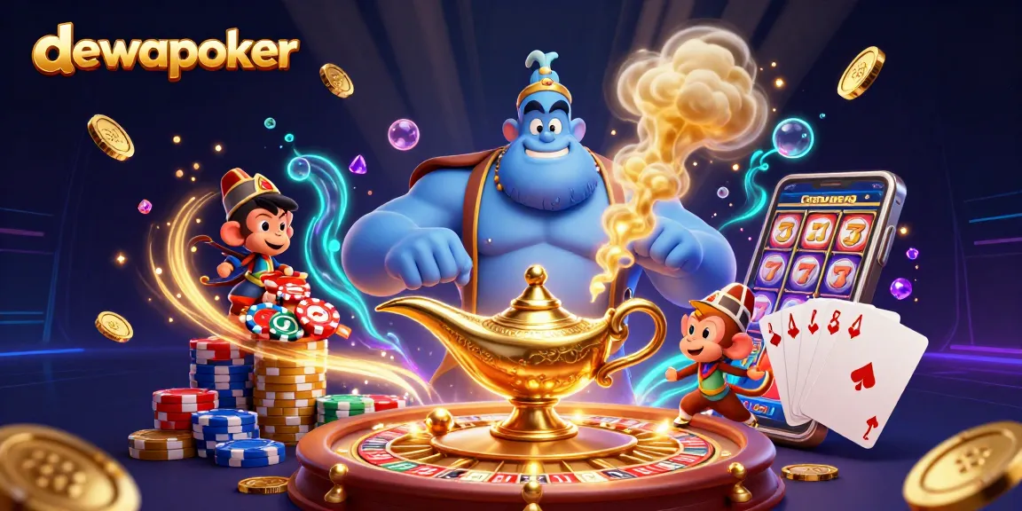 Experience exciting wins at dewapoker with this dynamic illustration showcasing poker chips and golden prizes.