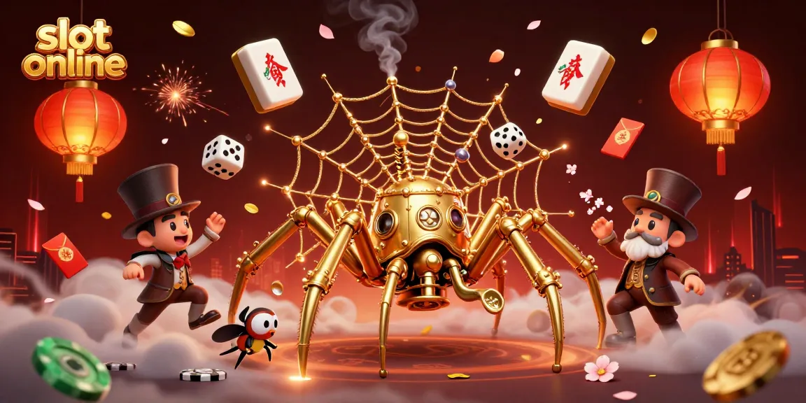 Slot online dengan ilustrasi 3D menampilkan laba-laba steampunk dan simbol permainan menarik lainnya.