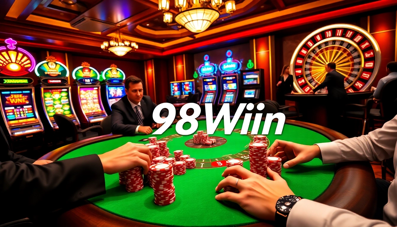 98Win players rolling dice and stacking chips in a luxurious casino atmosphere.