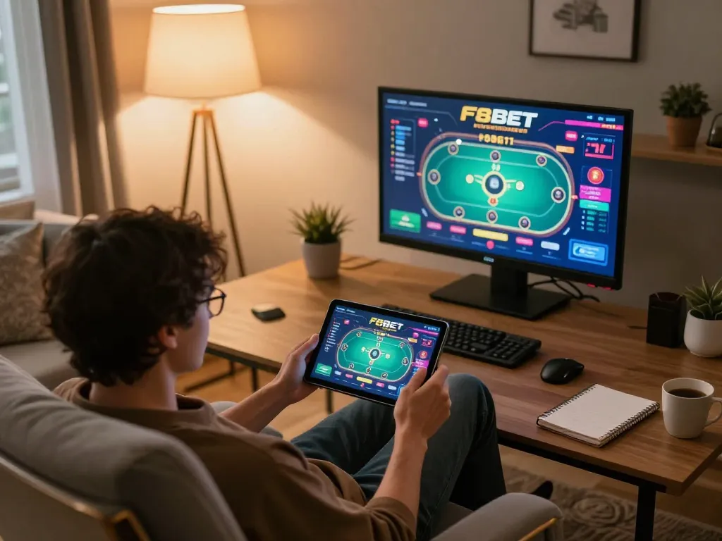 Engaging with F8BET poker game on a tablet, showcasing a comfortable gaming setup.