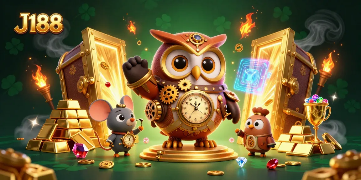 Spin to win at J188 with a steampunk owl and vibrant casino treasures!