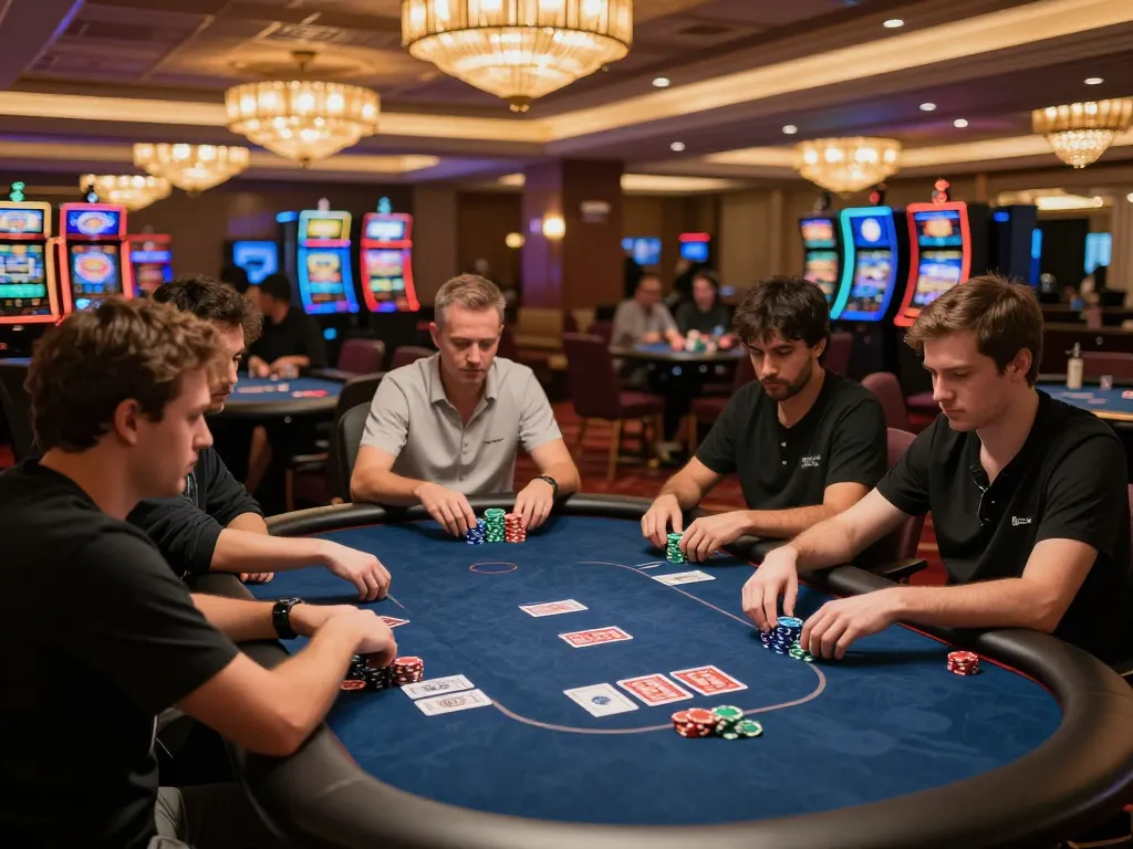 Players strategizing in a high-stakes poker game at SC88 casino with vibrant atmosphere.