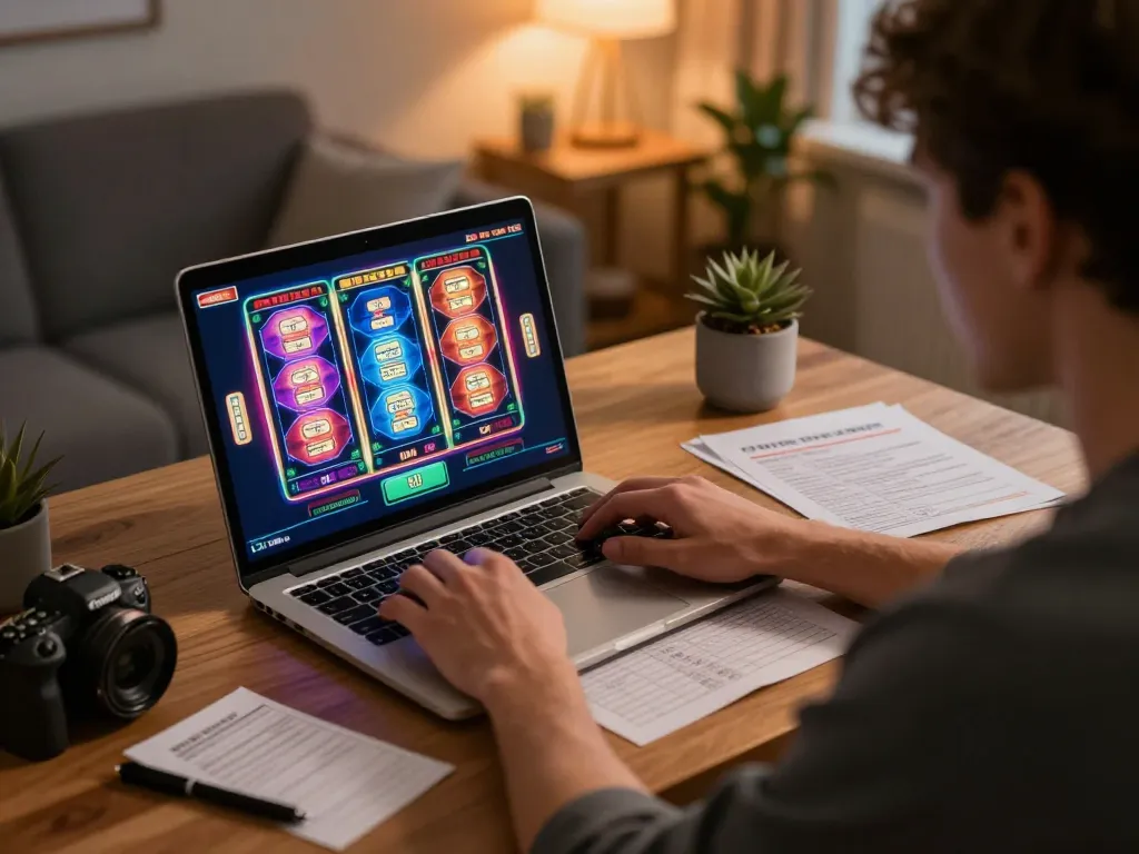 Engaged player strategizing on Rik vip online casino, illuminated screen showcasing slot games.