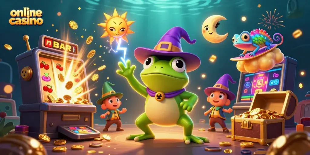Experience the excitement of an online casino with golden coins flying around a whimsical scene of characters.