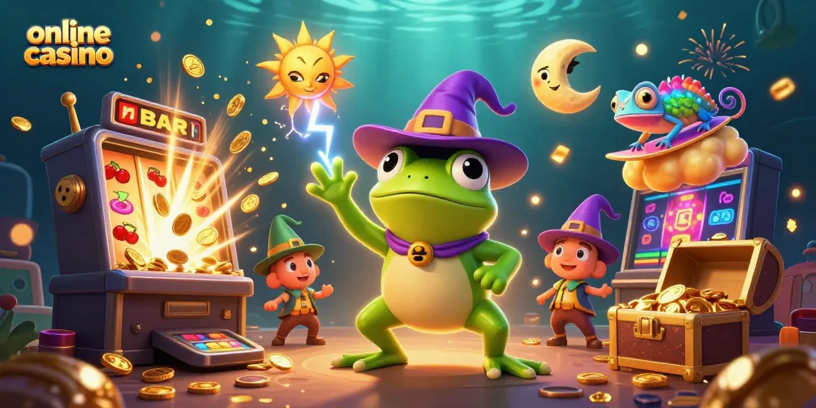 Experience the excitement of an online casino with golden coins flying around a whimsical scene of characters.