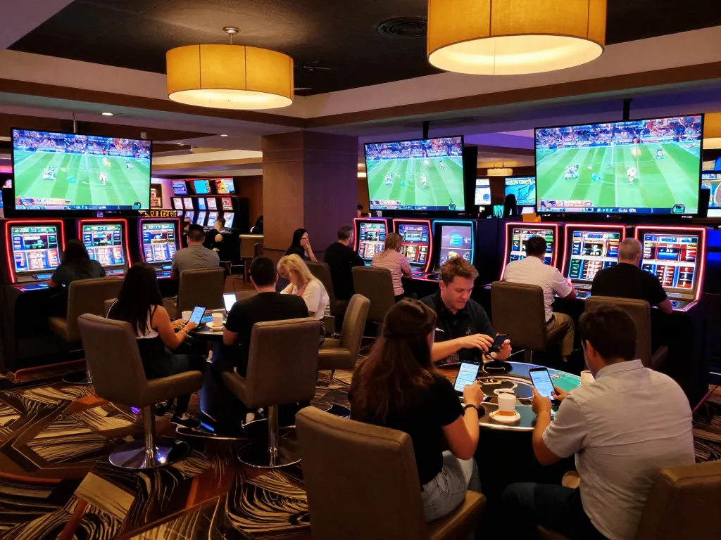 Seeing bettors engaged in mobile wagering at the vibrant sports area of https://mm88.it.com/ in a bustling casino.