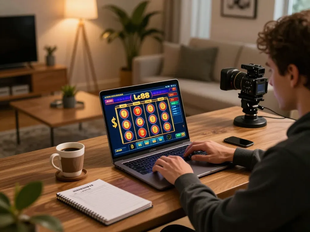 Player engaging with lc88 online casino games on laptop, showcasing a cozy home environment