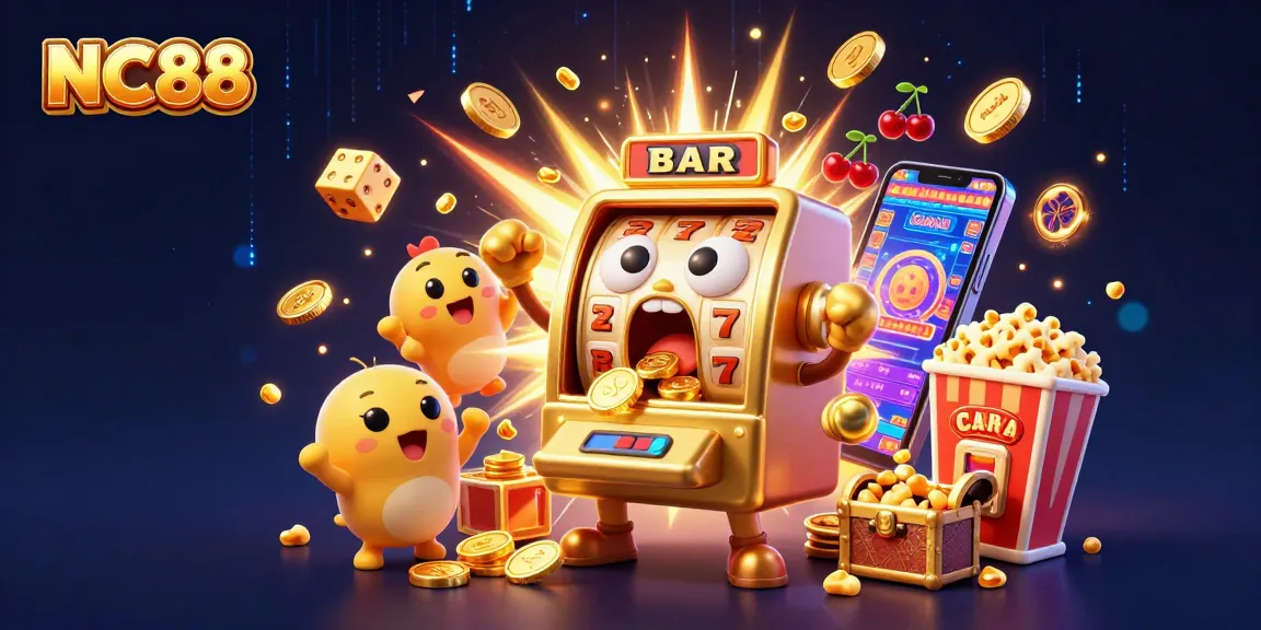 Experience the thrill of NC88 with a vibrant 3D illustration showing a slot machine celebrating a big win surrounded by casino elements.