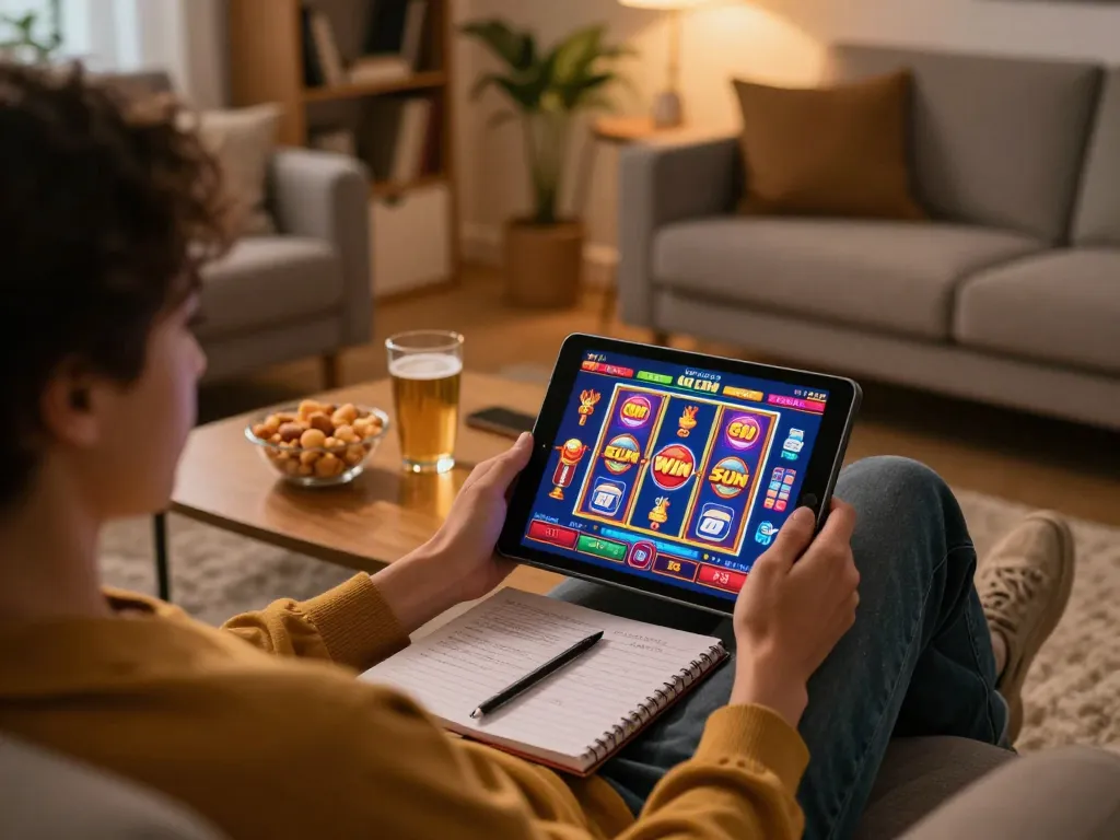 Enjoying Sun win casino games on a tablet while relaxing at home with snacks and strategic notes.