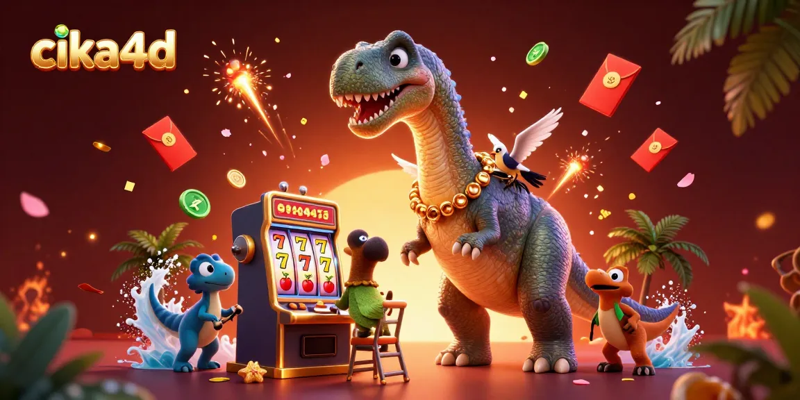Engage with cika4d as a dinosaur activates slot machines in a vibrant casino scene.