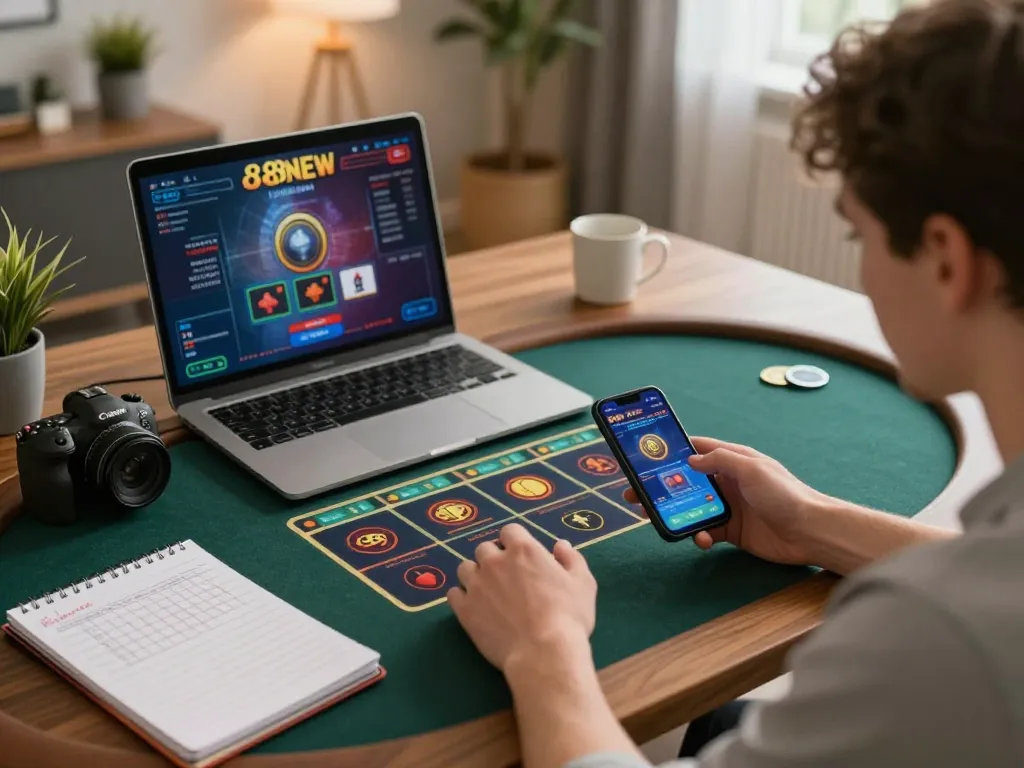 888NEW user engaging in online casino gameplay on a smartphone in a cozy setting
