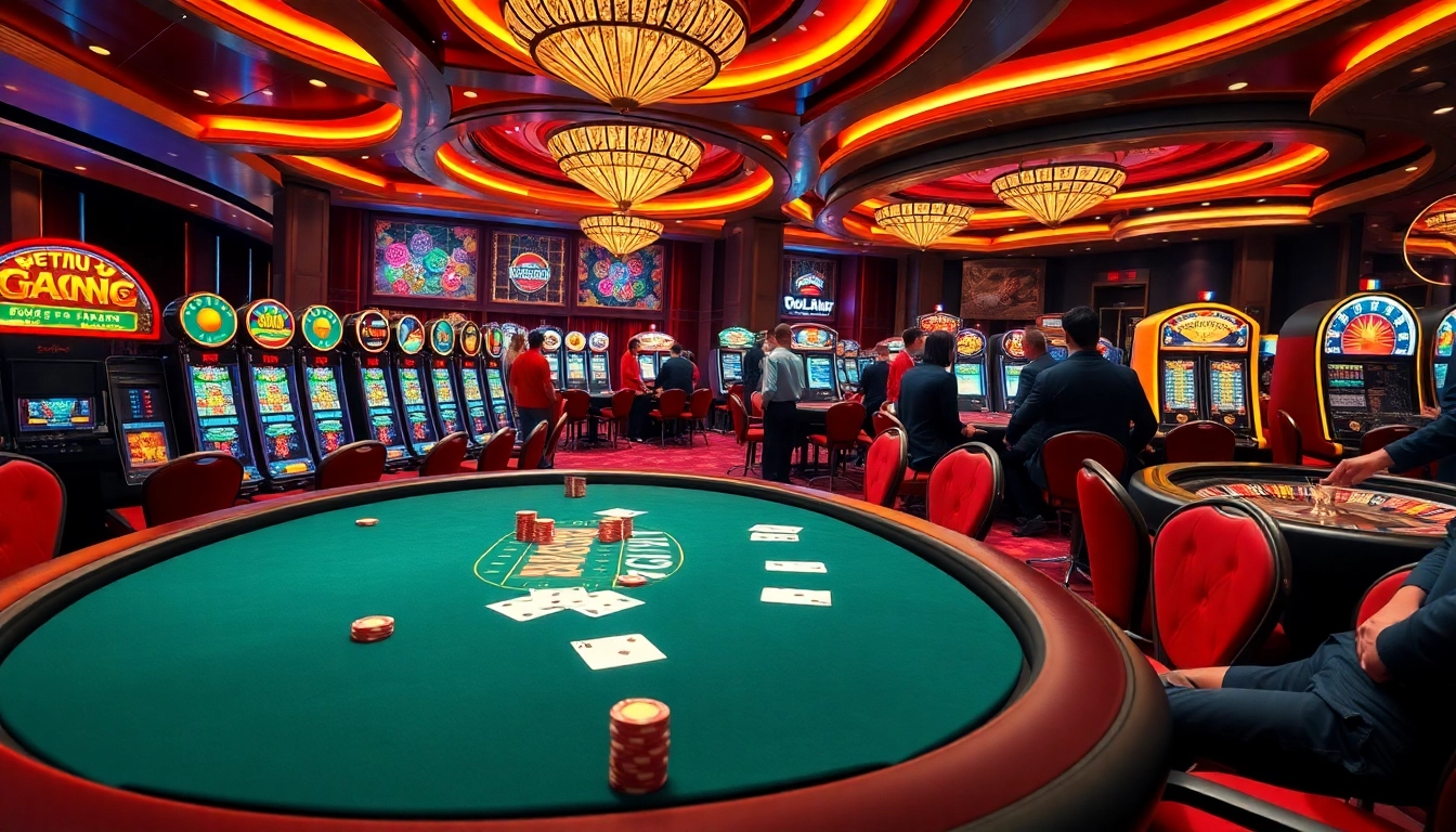 Engaging casino scene showcasing Trang Chủ RR88 with poker chips and vibrant slot machines.