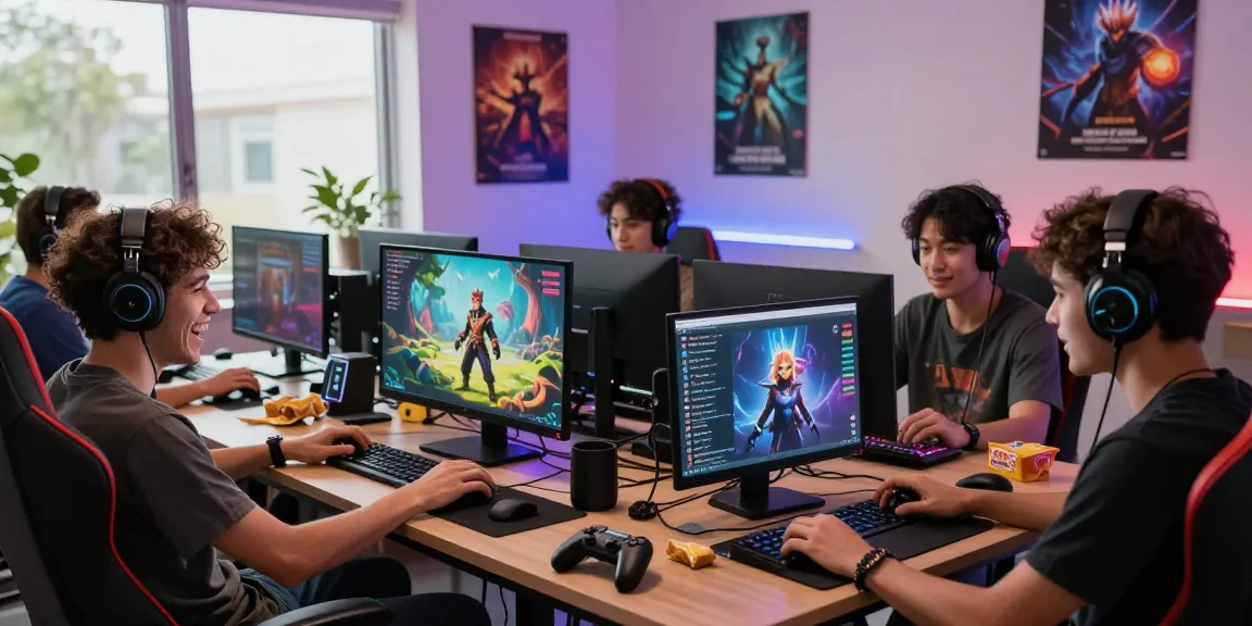 Engaging AI roleplay scene with diverse players immersed in collaborative storytelling using laptops and headsets in a vibrant workspace.