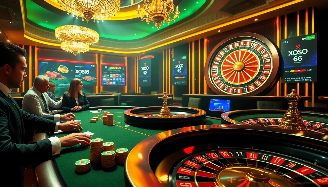 XOSO66 online casino scene with gaming table, poker chips, and roulette wheel emphasizing excitement.