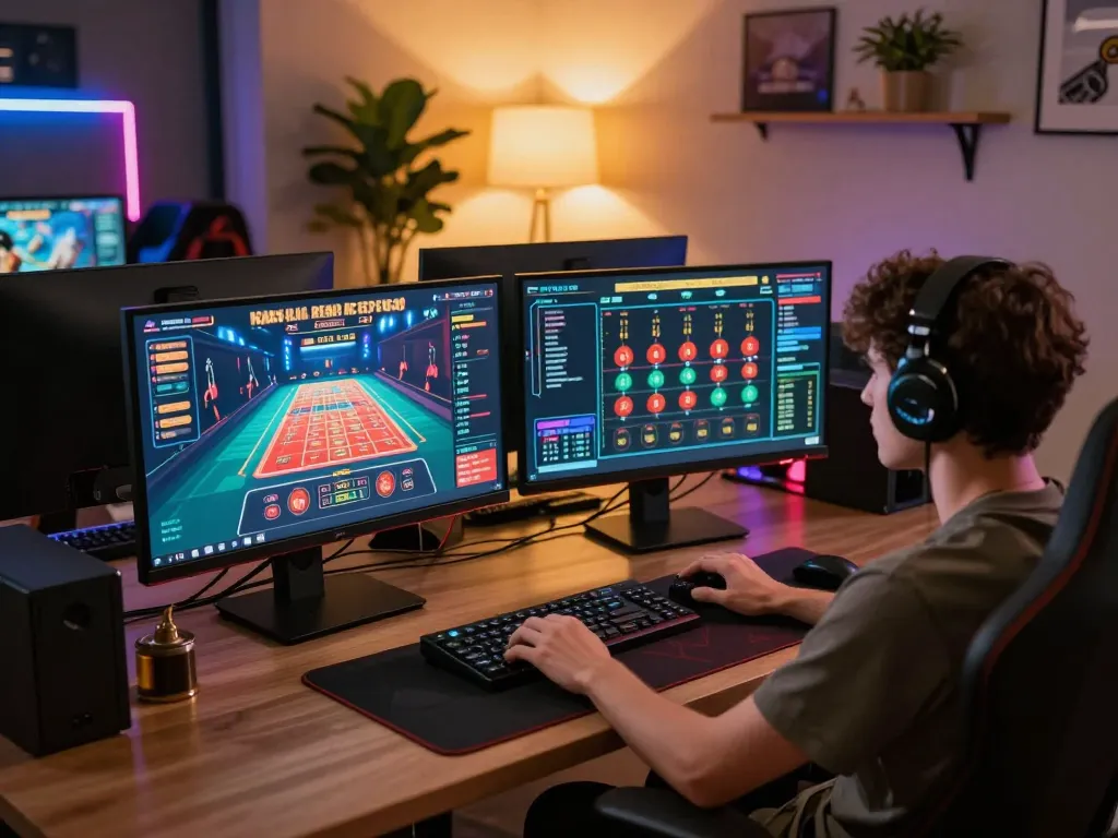 Pemain terlibat dalam pengalaman Situs Judi Online dengan beberapa layar dan pengaturan yang nyaman, menyoroti keputusan taruhan yang strategis.