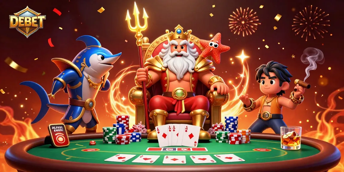 Engage with DEBET through a vibrant casino scene featuring Neptune and poker elements.