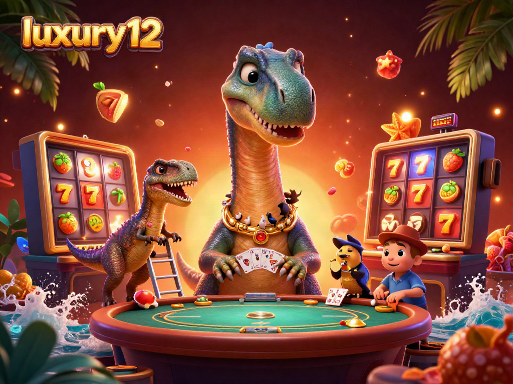 Permainan slot luxury12 yang seru dengan brontosaurus dan raptor di kasino.