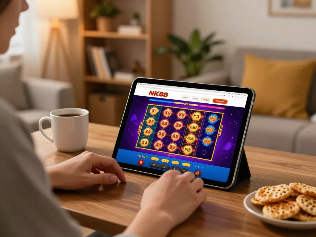 Engaging gameplay on the NK88 Homepage from a comfortable home setting, focused on smartphone casino app.