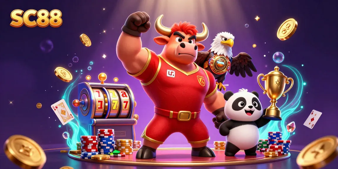 Win big at SC88 casino with a dynamic 3D scene featuring winning characters and casino elements.