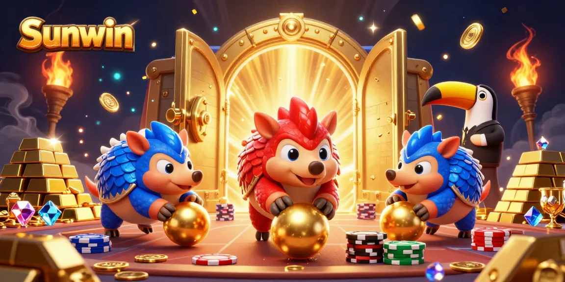 Sunwin pangolins compete in a vibrant casino-themed bowling game with golden elements showering around.