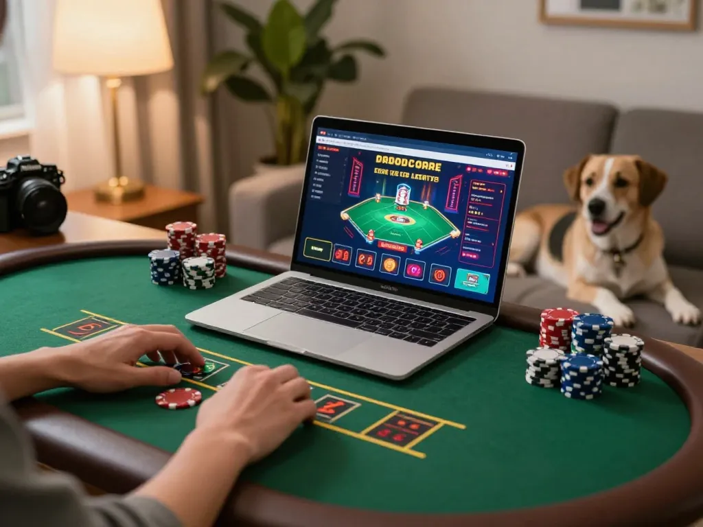 Taisunwin player placing bets on an online blackjack game from a cozy home setup