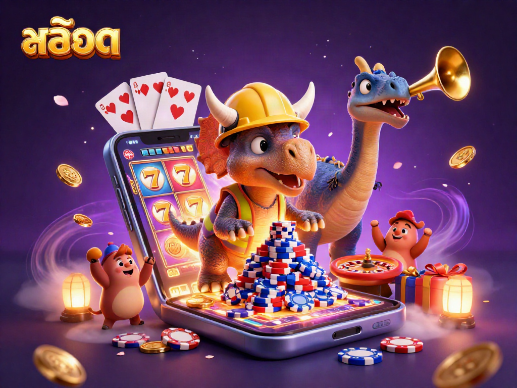 Experience thrilling สล็อต gaming with a cartoon triceratops building poker chip pyramids.