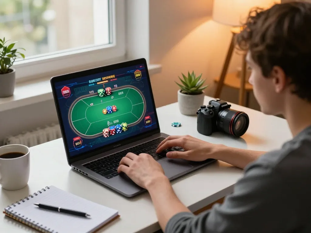 Engaged player using online poker interface with m113 strategy notes in cozy home setup.