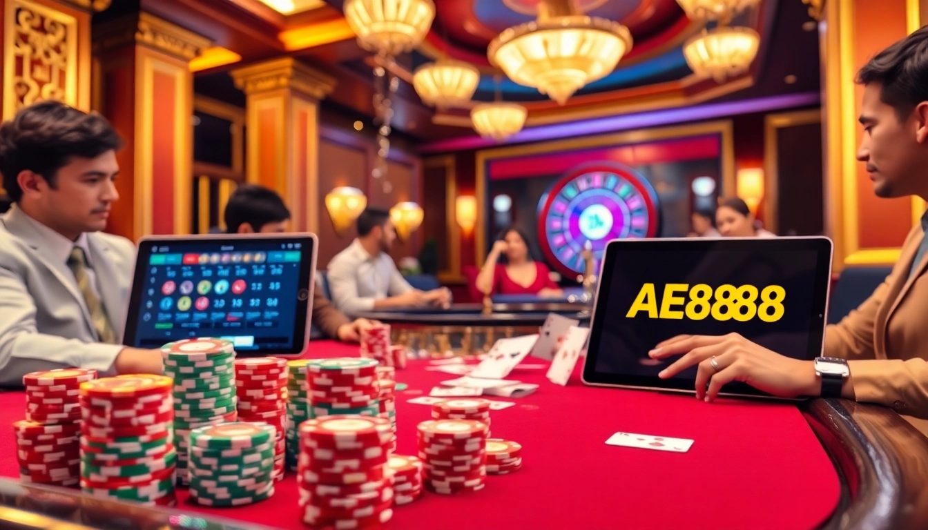 Players engaged in a thrilling poker game at AE888’s luxury casino, embodying excitement and strategy.