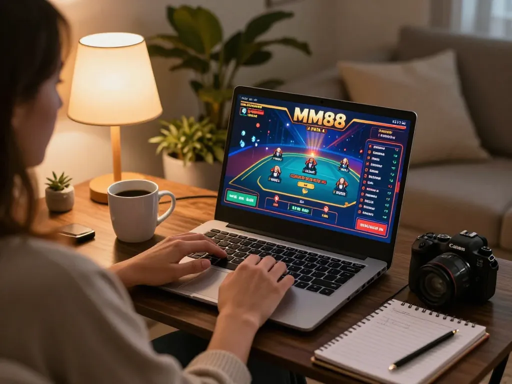 Engaged player enjoying MM88 online casino game from a cozy home setup with laptop and strategy notes.