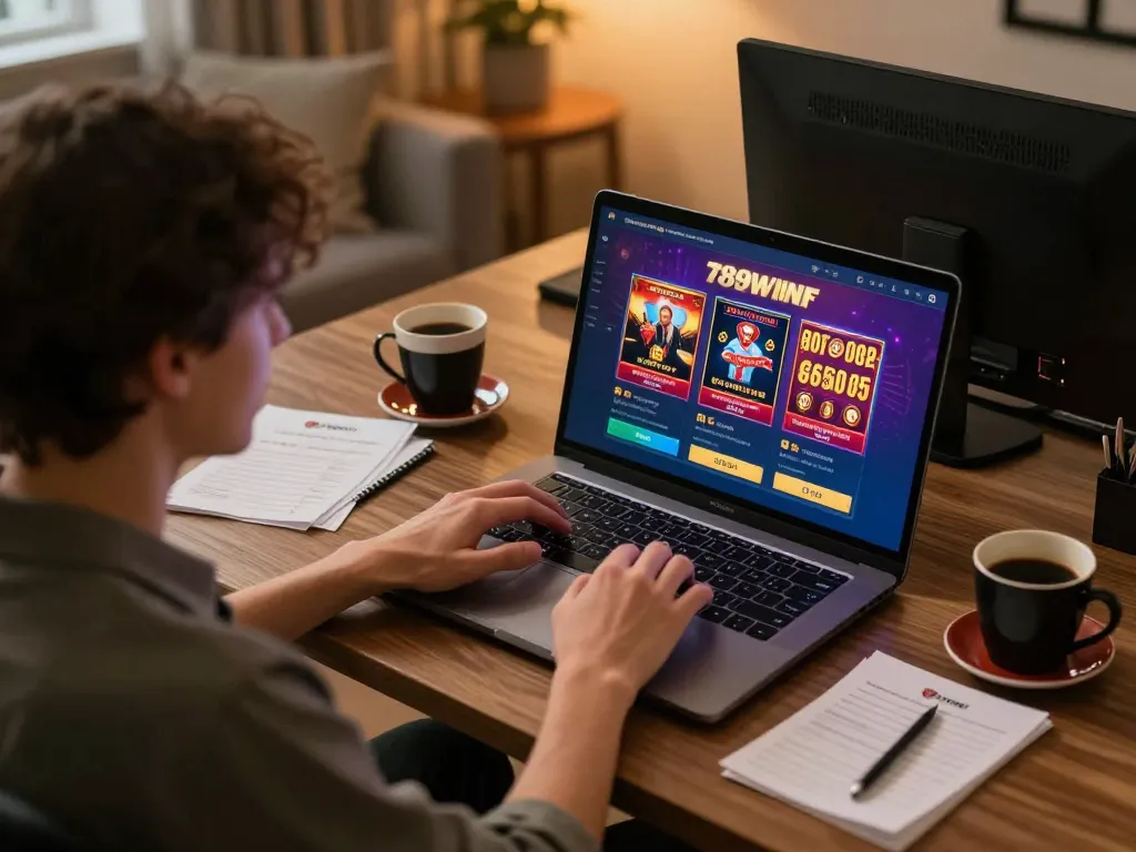 Player enjoying online casino games at home through 789winf interface, creating a cozy atmosphere