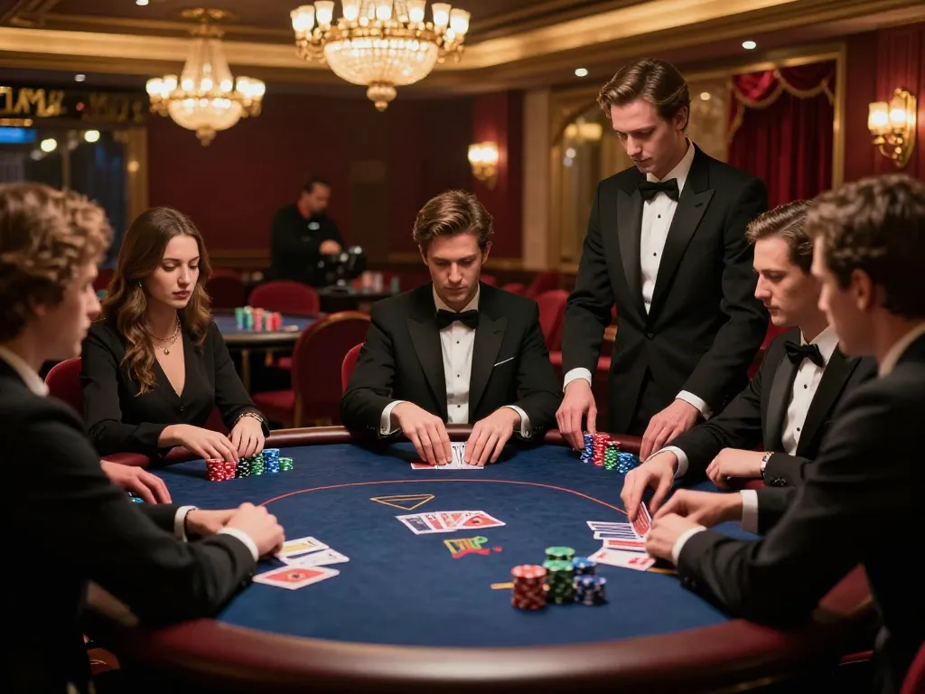 MM88 players strategizing their bets at an elegant poker table in a luxury casino