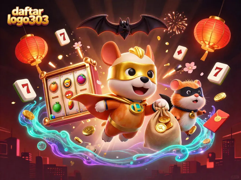 Daftar logo303 dengan anjing superhero dan koin emas dalam ilustrasi kasino yang meriah