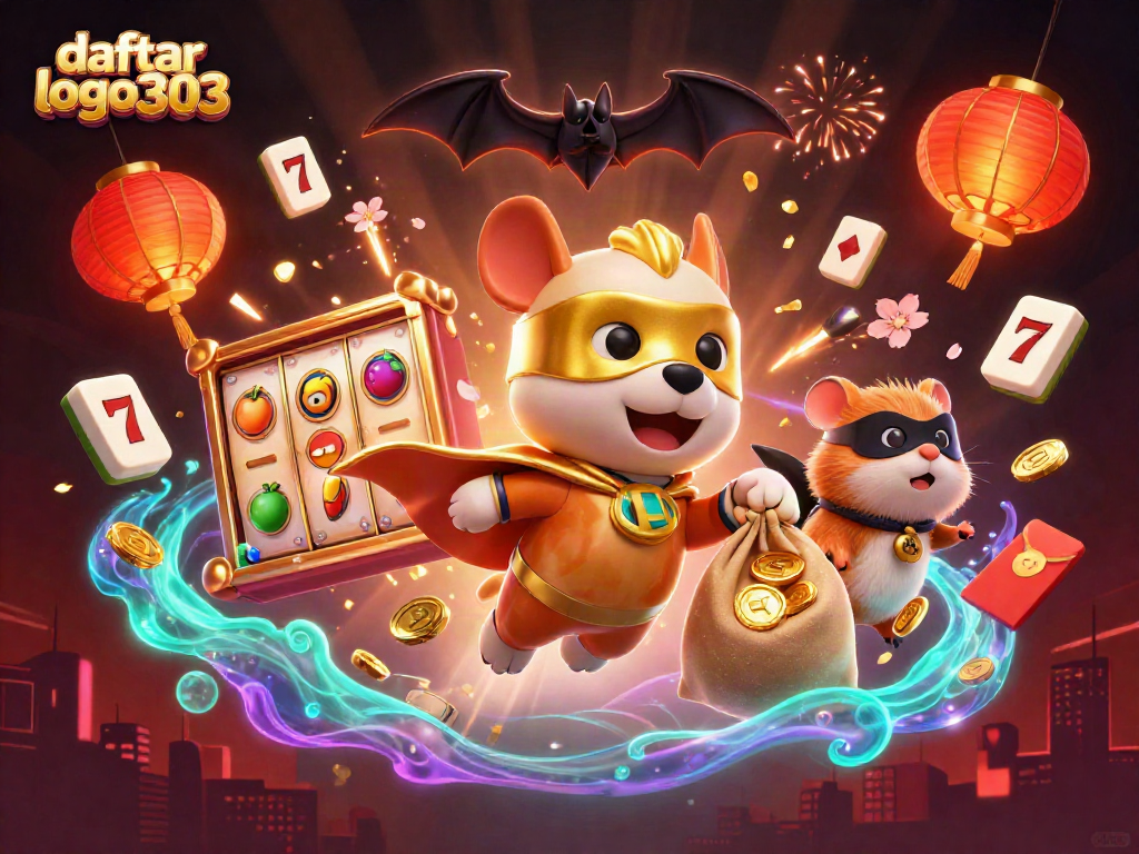 Daftar logo303 dengan anjing superhero dan koin emas dalam ilustrasi kasino yang meriah