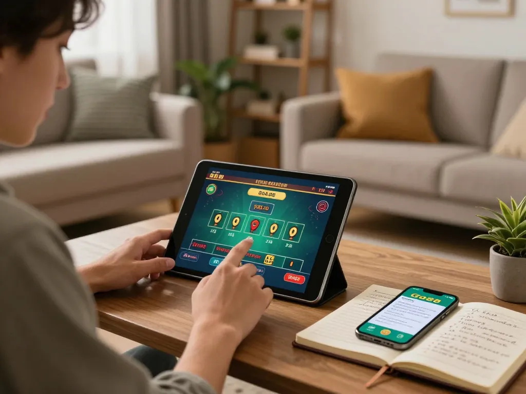 Engaged player using Go88 app on tablet while planning blackjack strategies in a cozy home setting.