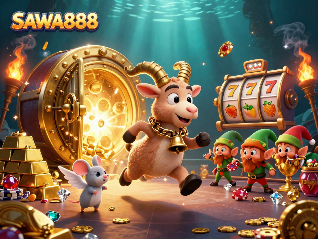 Experience exciting gameplay at SAWA888 with thrilling slot reels and festive characters in a vibrant casino scene.