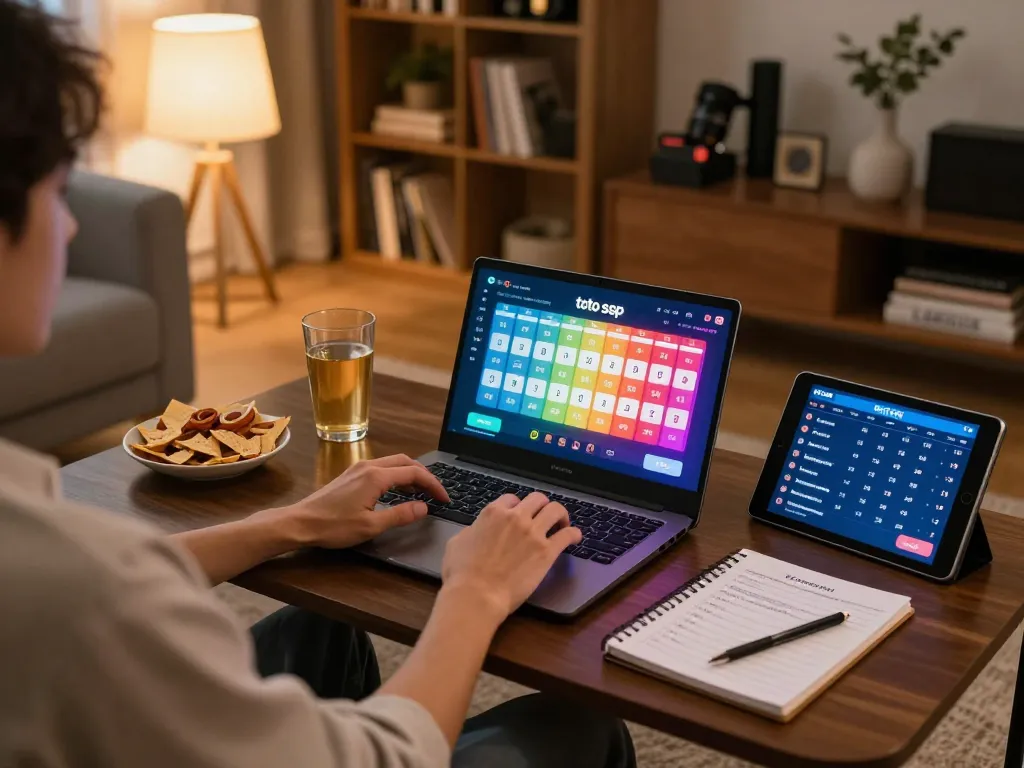 Engaging in toto sgp betting on a laptop in a cozy home setting with vibrant game interface