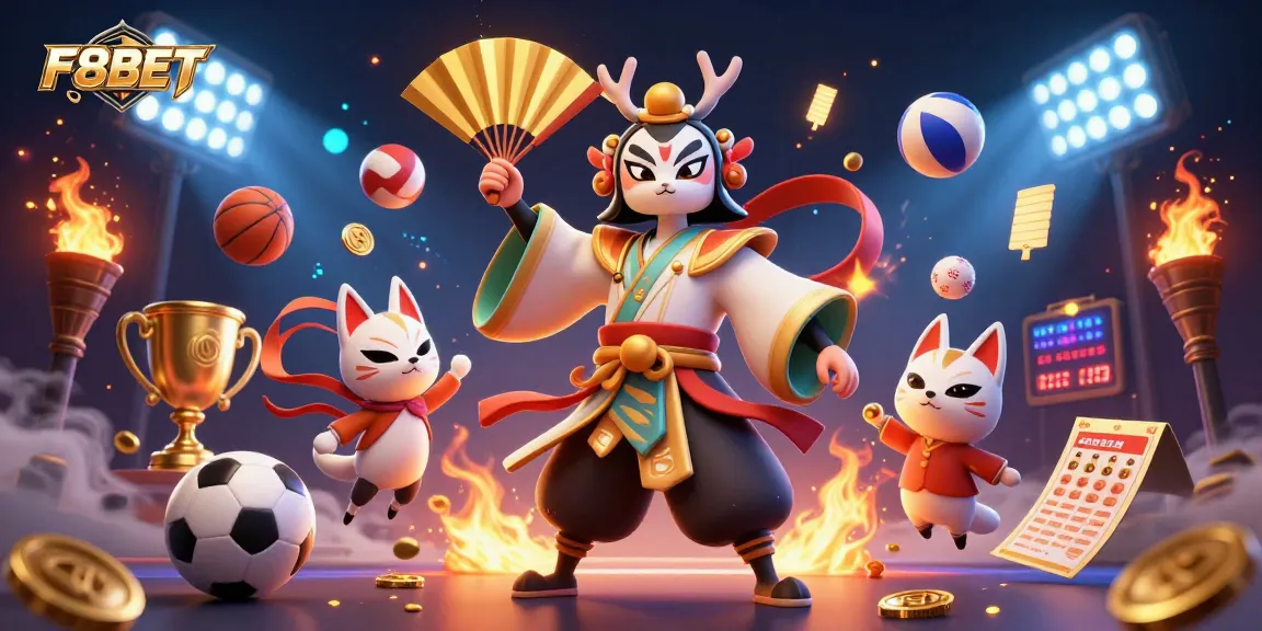F8BET gameplay featuring vibrant sports balls and a kabuki warrior for immersive betting thrills