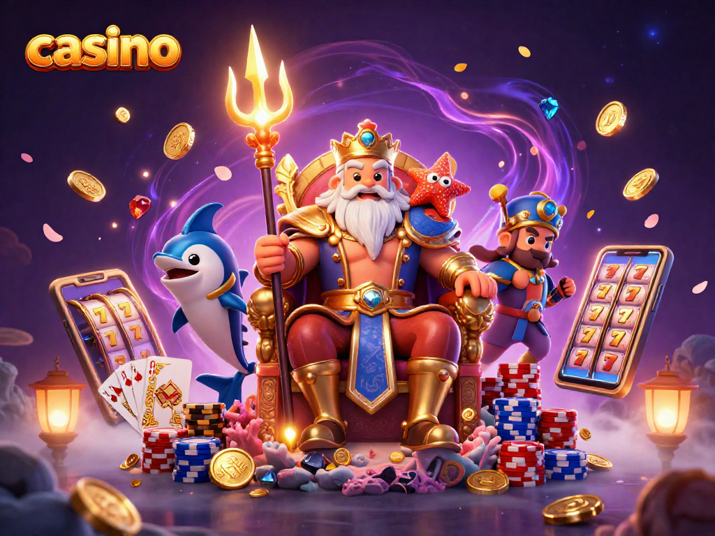 Experience thrilling casino actions with a vibrant scene of Neptune and treasures in 3D detail.