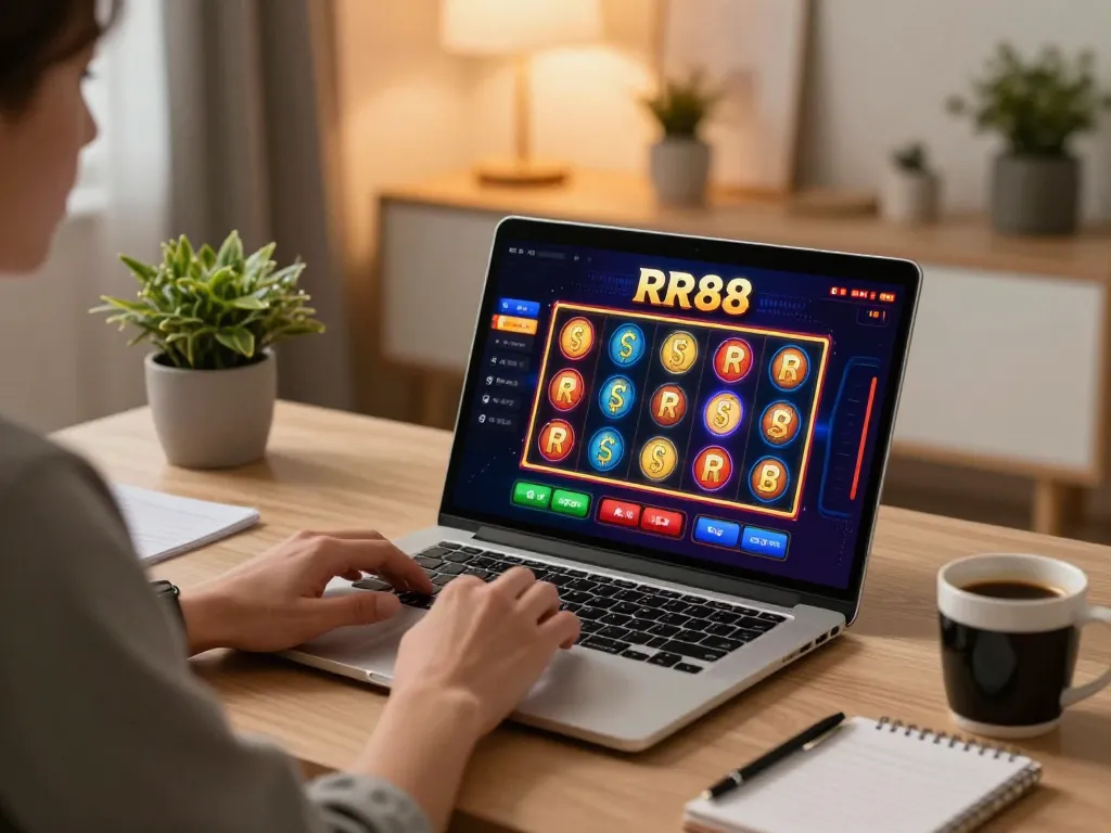 Engaged player enjoying RR88 online slots at a modern home desk, showcasing strategic gaming.