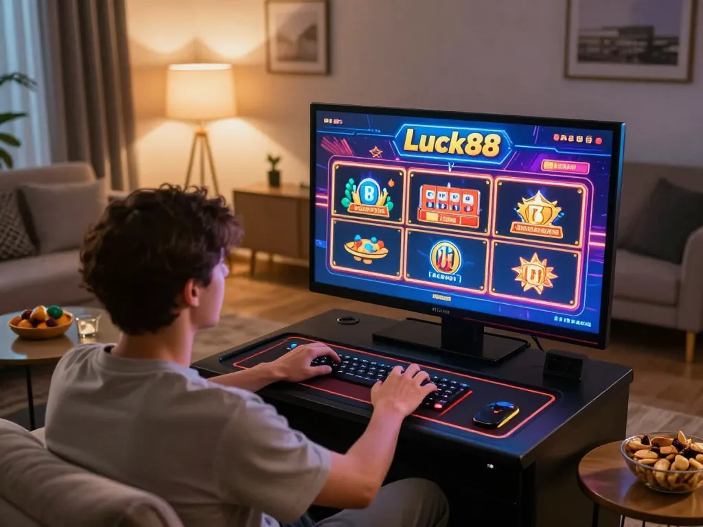 Engaging scene of a player enjoying Luck88 slots on a tablet in a cozy home setting, showcasing vibrant gameplay.