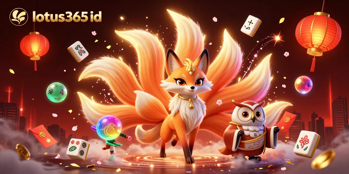 Experience excitement with lotus365 id through a vibrant casino-themed illustration, showcasing a mystical fox spirit and wise owl.