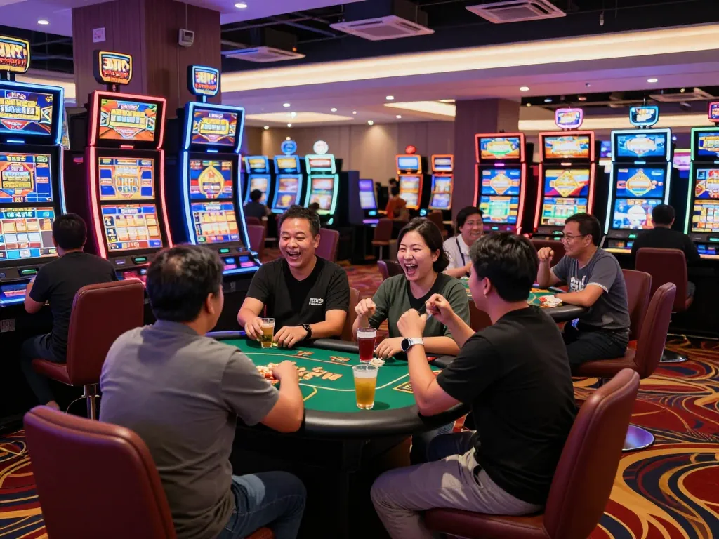 Pemain yang bersemangat menikmati slot gacor hari ini dalam suasana kasino yang hidup.