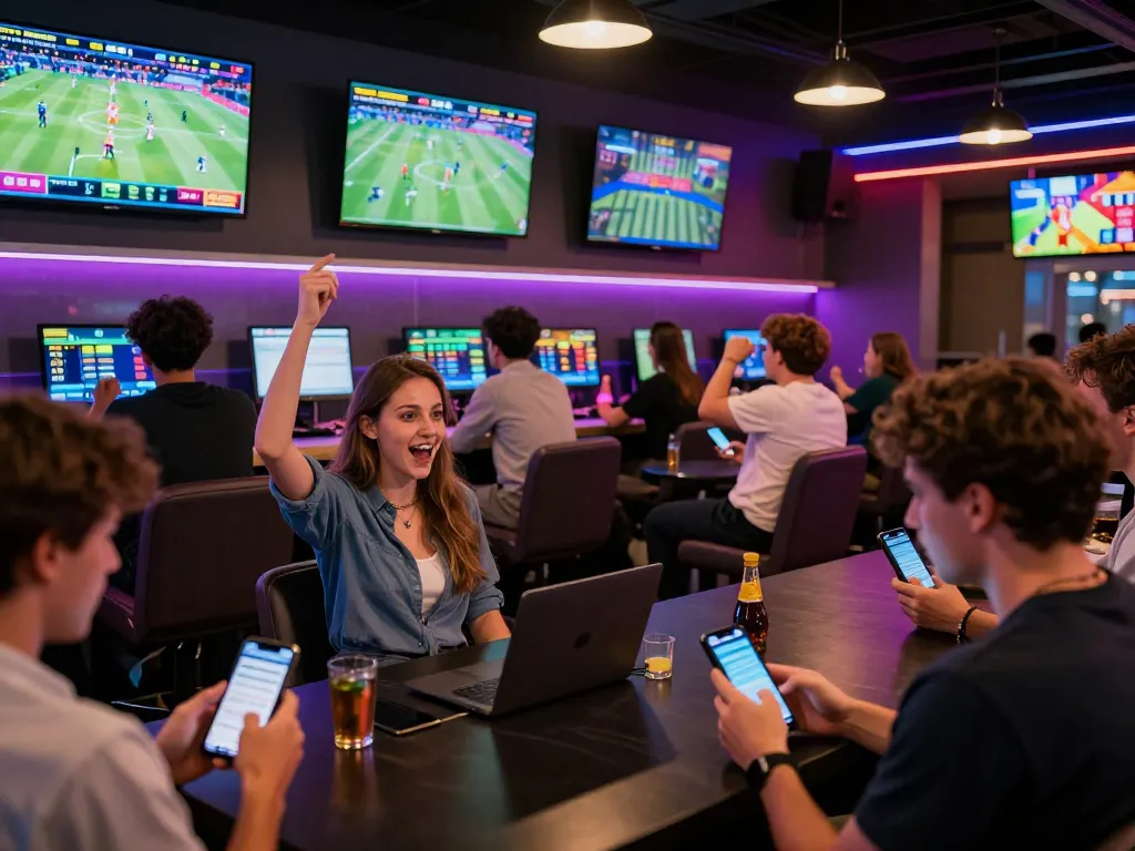 Betting enthusiasts analyzing stats on Keonhacai5 in a lively sports lounge