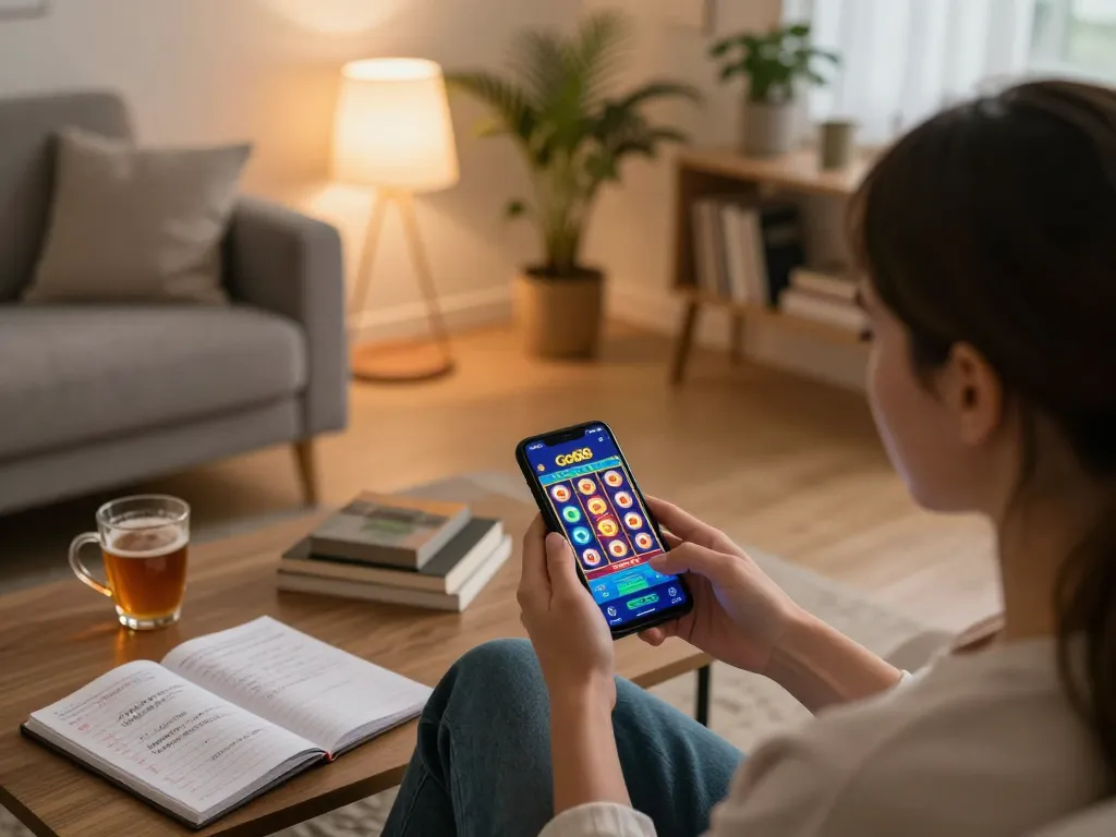 Engaging with the GO88 app on smartphone while enjoying online gaming in a cozy home setup.