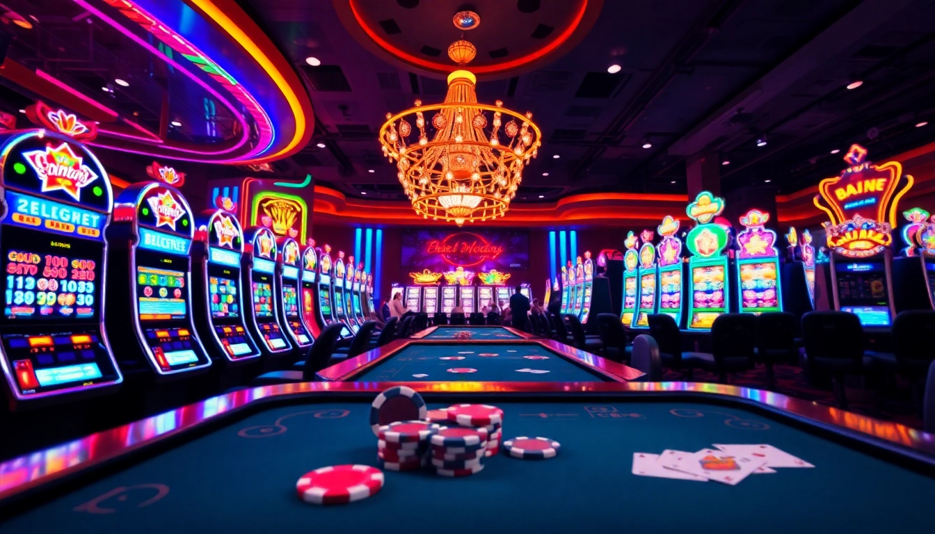 Engaging gamblers at a vibrant casino scene near https://rr88co.net/, featuring slot machines and gaming tables.