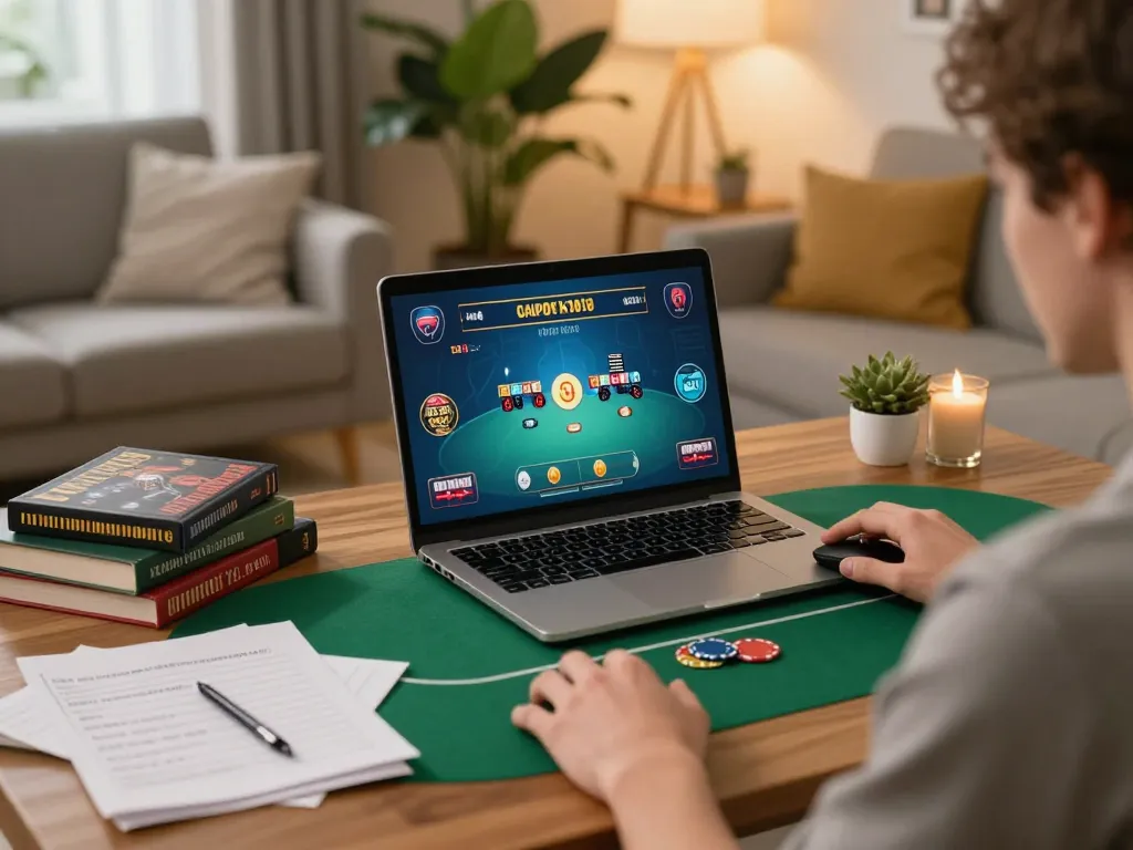 Kuwin online poker game in a cozy home setup with strategy notes and laptop